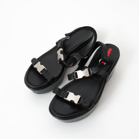 PRADA 90’s VINTAGE Black Sporty Open Toe Platform Sandals W/Metal Buckles Size-9 - Picture 4 of 14